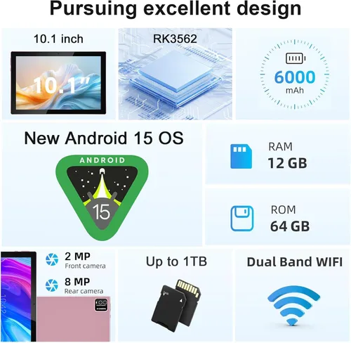 Miniatura 6 de Tableta Android 15 de 10 pulgadas (NO GO) Tabletas con teclado 64GB ROM+12GB RAM (expansión 4+8) Soporta expansión de 1TB 2MP+8MP Cámara dual Rosa