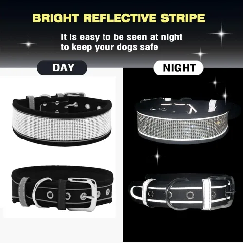 Miniatura 2 de Collar de perro con diamantes de imitación, suave, cómodo, elegante, con rayas reflectantes brillantes, collar de cristal de diamante ajustable