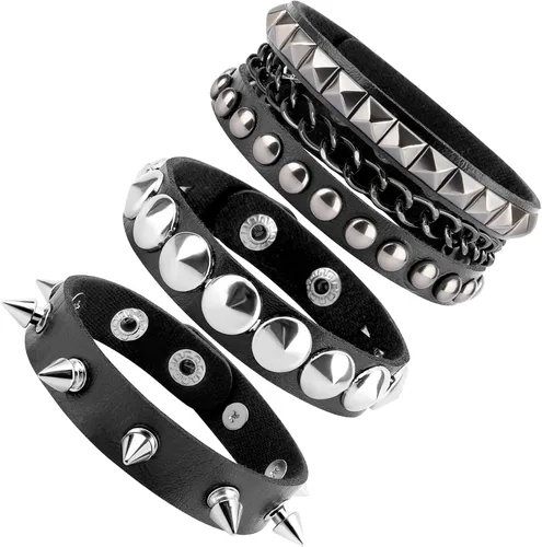 Miniatura 8 de Pulsera con tachuelas, Spike Punk Goth Punk de cuero para mujeres y hombres