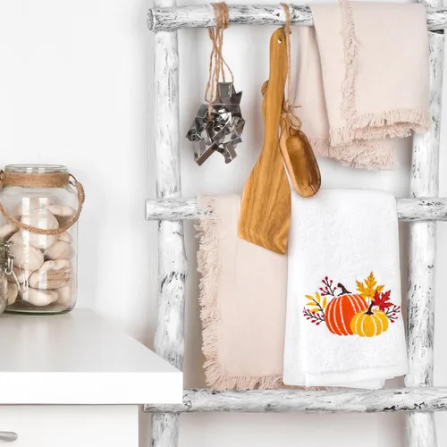 Miniatura 5 de AnyDesign Juego de 2 toallas de mano con diseño de calabaza, algodón bordado, hojas de arce, para otoño, Acción de Gracias, baño, secado a mano