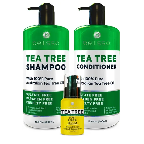 BELLISSO Champú de aceite de árbol de té, juego de acondicionador y suero, sin sulfatos, hidratante, calmante para la picazón del cuero cabelludo,