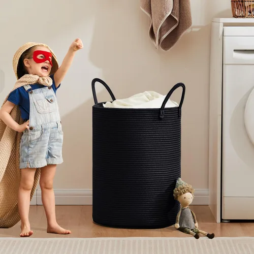Miniatura 6 de Cesta de lavandería de 62L en negro con cuerda trenzada, cesta de almacenamiento para ropa y mantas, cesta alta y moderna para sala de estar