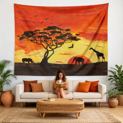 Miniatura 4 de BROSHAN Tapiz de animales pequeños, pintados a mano con diseño de safari africano, elefante, árbol, silueta de árbol, tapices de tela para colgar