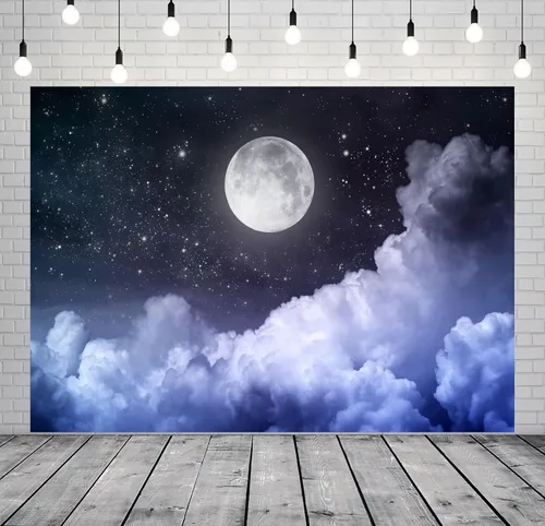 Telón de fondo de luna de 5 x 3 pies, fotografía de luna llena, noche de luna llena, cielo estrellado negro, imagen para recién nacido, baby shower,