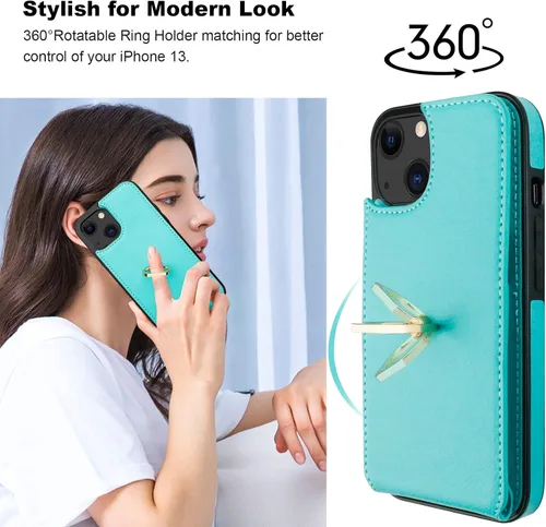 Miniatura 3 de Folosu Compatible con iPhone 13 Funda Cartera con Portarjetas, Soporte de Anillo para Dedo con Rotación de 360° Función de Atril Protectora Bloqueo