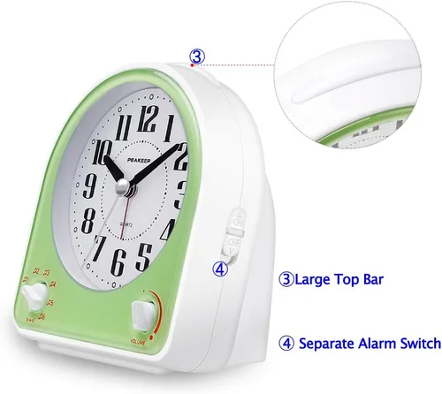 Miniatura 3 de Peakeep Reloj despertador analógico silencioso sin tictac, 7 sonidos opcionales de despertador con control de volumen, luz nocturna y repetición