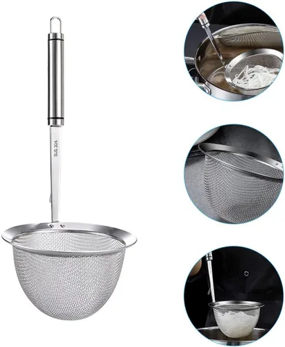 Miniatura 3 de Hemoton Cesta coladora de acero inoxidable – Colador de fideos de malla fina con mango para colgar para cocinar 12.2 x 3.93 pulgadas, perfecto