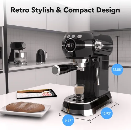 Miniatura 7 de HBN Máquina Compacta de Espresso de 20 Bar con Espumador de Leche, Tanque de Agua Extraíble de 27oz para Espacios Pequeños, Cafetera Casera