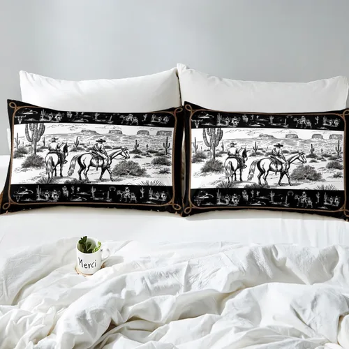 Miniatura 4 de Manfei Juego de funda de edredón occidental, tamaño individual, juego de ropa de cama de caballo de vaquero de 2 piezas, funda de edredón de cactus
