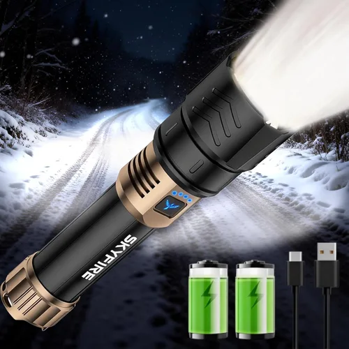 SKYFIRE Linterna recargable de alto lúmen, súper brillante, con zoom, cuatro modos, linterna LED impermeable para camping esencial, emergencias al