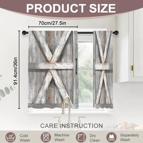 Miniatura 2 de Barn Door Printed Polyester Short Kitchen Curtains 27.5" W x 36" L, Rod Pocket Rustic Wood Door Curtains, Small Decorative Window Curtains for