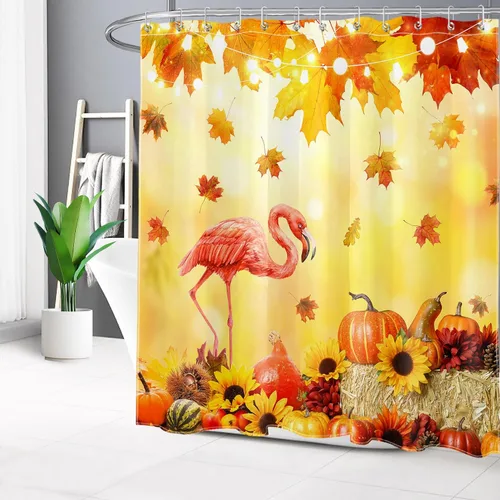 Miniatura 45 de LB Cortina de ducha de otoño para baño, divertido gato negro con fantasma en la bañera en el bosque de otoño, cortina de ducha de tela de cosecha