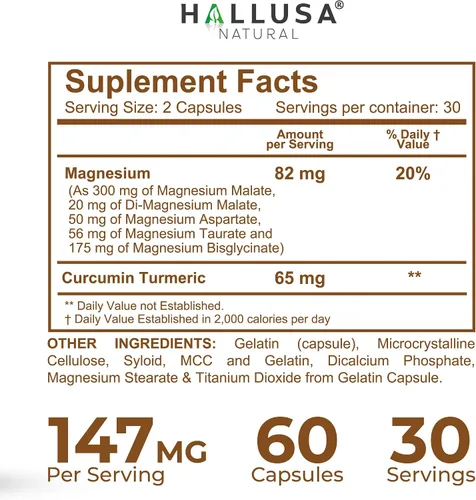 Miniatura 6 de HALL4 Magnesio 60 cápsulas – 4 complejos de magnesio malato, aspartato, taurato, bisglicinato y curcumina cúrcuma – energía, función muscular, salud