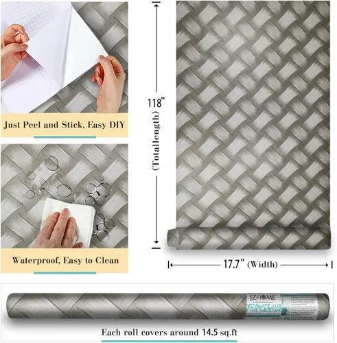 Miniatura 3 de Papel tapiz autoadhesivo con textura de tejido, 17.7 pulgadas x 9.8 pies, papel de contacto autoadhesivo gris, forro de estante extraíble, rollo