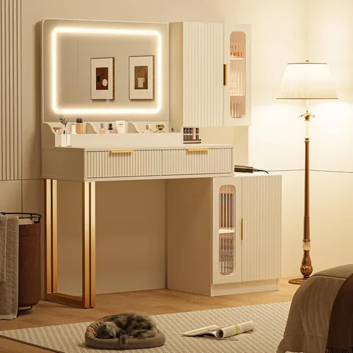 Miniatura 2 de Moderno escritorio de maquillaje de 45 pulgadas con espejo y luces, tocador de maquillaje con 5 estantes y 2 cajones y gabinete, mesa de tocador