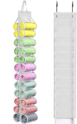 Miniatura 13 de Bolsa de almacenamiento para leggins con colgador, puede contener 24 leggins o camisas, organizador de compartimentos para pantalones vaqueros