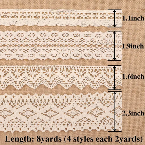 Miniatura 2 de Cinta de encaje beige de 8 yardas, ribete de encaje de algodón, encaje de ganchillo para costura, para manualidades, envoltura de regalo, decoración