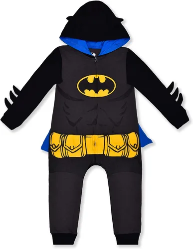 DC Comics - Mameluco de manga larga con capucha y cremallera para niños recién nacidos, bebés y niños pequeños, azul o negro