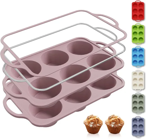Miniatura 21 de 2 paquetes de 12 tazas de molde para magdalenas de silicona para hornear con marco reforzado de metal, molde para cupcakes de tamaño regular, Crema