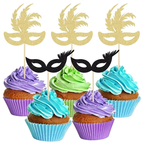 Miniatura 7 de Gyufise 24 máscaras de mascarada para cupcakes con purpurina para despedida de soltera, para cupcakes, comida y frutas, baile de máscaras, Mardi