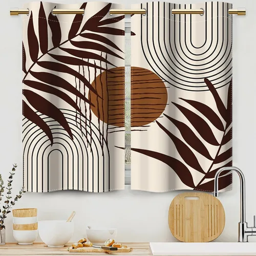 Miniatura 19 de Cortinas bohemias de cocina, diseño abstracto de mediados de siglo, arco negro, cortinas rústicas cortas para ventana de comedor, caravana, 21 x 45