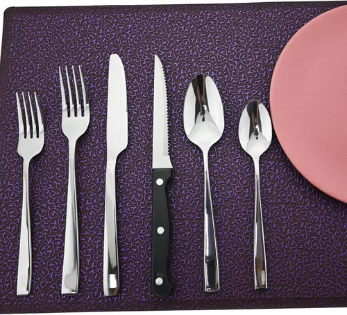 Miniatura 10 de Juego de cubiertos de mango grueso de 24 piezas, acero inoxidable 18/10 negro antiguo con cuchillo para carne, juego de cubiertos pulidos de espejo