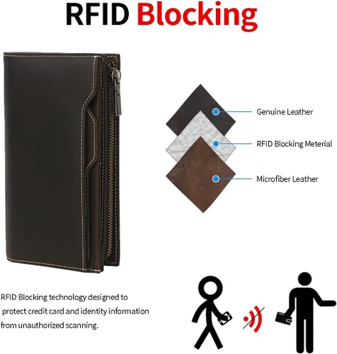 Miniatura 7 de Cartera de cuero de grano completo con bloqueo RFID para hombres con ranuras para tarjetas, bolsillo para monedas, ventana de identificación