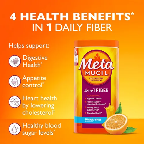 Miniatura 3 de Metamucil 4-en-1 suplemento de fibra de cáscara de psyllium, sin azúcar, 72 cucharaditas, sabor a naranja, fibra diaria en polvo para la salud