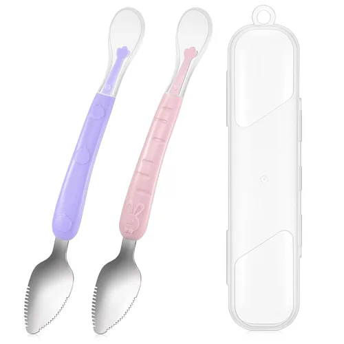 Lallisa 2 cucharas de silicona para bebés, cuchara de comida para bebés de doble cabeza, alimentador de frutas, raspador de alimentos suave para rosa