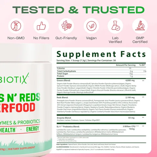 Miniatura 7 de GoBiotix Polvo súper verdes y polvo súper rojos: Superalimento vegano rojo y verde sin OMG + probióticos, enzimas, alimentos integrales orgánicos