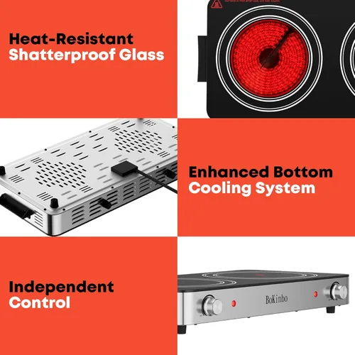 Miniatura 6 de Placa de cocina eléctrica, quemador infrarrojo dual de 2200 vatios, placa eléctrica de 2 quemadores para cocinar, encimera de control de perilla