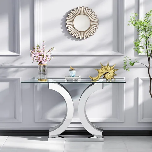 Miniatura 190 de Mesa de centro de cristal de lujo, mesa de centro de sofá de 47 pulgadas con marco de acero inoxidable dorado y parte superior de vidrio negro, mesa