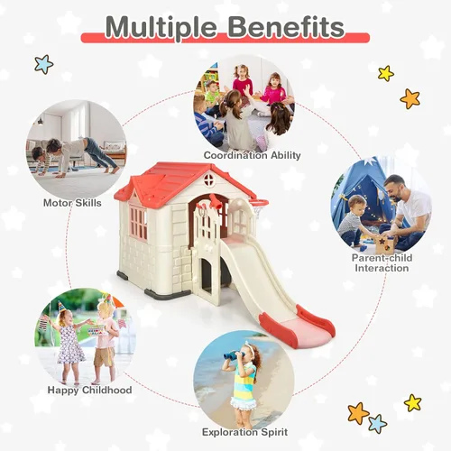 Miniatura 8 de Costzon Juego de casa de juegos y tobogán para niños, casa de juegos 7 en 1 al aire libre con puertas y ventanas de trabajo, mesa de picnic, juego