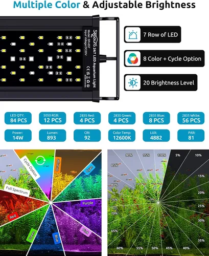Miniatura 4 de SEAOURA - Luz LED para acuario, temporizador personalizado 24/7, memoria de apagado, luz de tanque de peces de espectro completo de 7 filas de LED