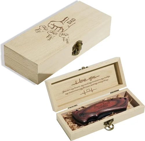 Miniatura 9 de Cuchillo plegable de bolsillo personalizado grabado con caja de madera para novio, marido, papá, hijo, cuchillo de caza de pesca único para hombres