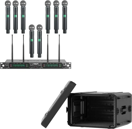Phenyx Pro Juego de micrófono inalámbrico de 8 canales PTU-4000-8H incluido con estuche de rack poco profundo PRCSE-6UD