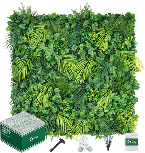 Miniatura 8 de Grooy Pared de césped artificial de seto de 20 x 20 pulgadas, 6 paneles de boj, paneles de fondo de vegetación, pantalla de valla de privacidad
