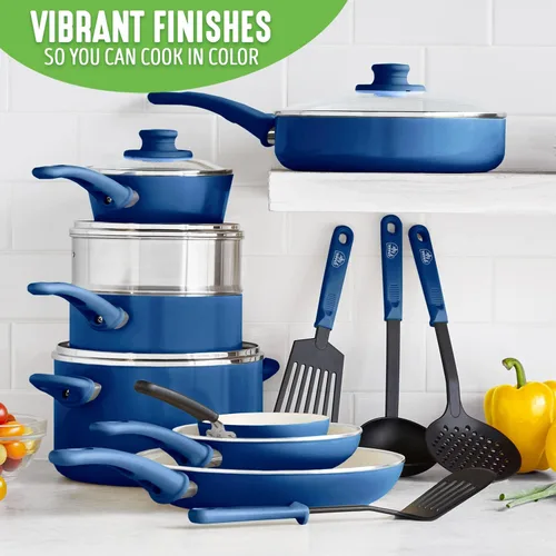 Miniatura 3 de GreenLife Soft Grip - Juego de ollas y sartenes de cerámica saludable de 16 piezas, antiadherentes de cerámica saludable de agarre azul y suave