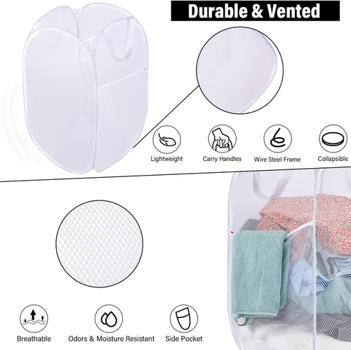 Miniatura 2 de BATTOO Cesta de lavandería desplegable de malla fuerte de lujo con bolsillo lateral para lavandería, baño, habitación de los niños, dormitorio Blanco