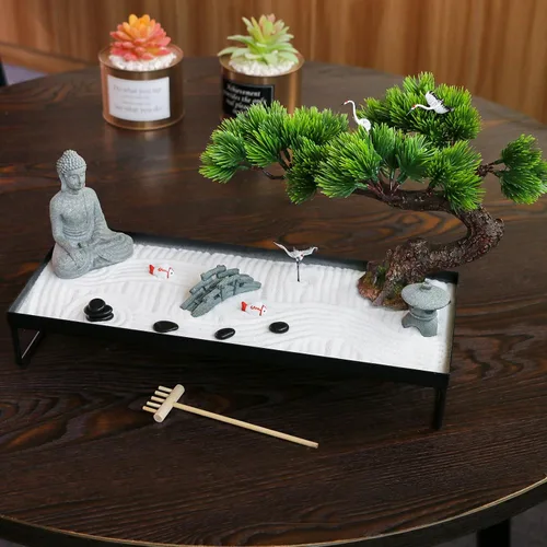 Miniatura 4 de BangBangDa Decoración japonesa de meditación, decoración de bonsái para oficina en casa para escritorio de mesa, decoración de mesa de arena de roca