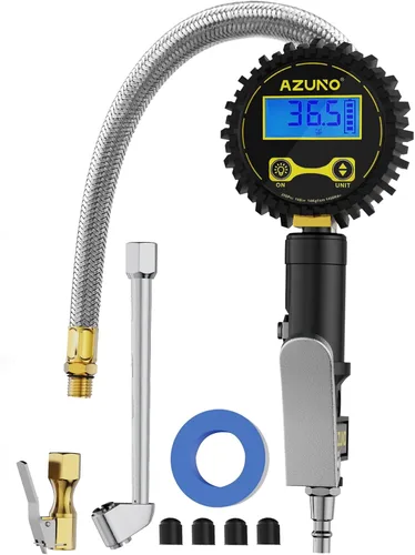 AZUNO Inflador digital de neumáticos con medidor de presión, accesorios de compresor de aire de alta resistencia de 200 PSI, con bloqueo de manguera
