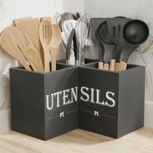 Miniatura 3 de Suli Soporte extra grande para utensilios de cocina con 3 compartimentos, organizador de utensilios de esquina para encimera, organizador de Negro