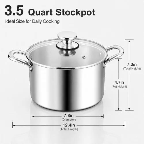 Miniatura 2 de TeamFar Olla de 3.5 cuartos de galón, olla de cocina de pasta de acero inoxidable de tres capas con tapa, tapa de vidrio templado y asas remachadas