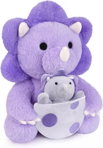 Miniatura 7 de Peluche de dinosaurio rosa, huevo de Pascua de 11.8 pulgadas, peluche de dinosaurio rosa con dinosaurio bebé para niños, peluche Kawaii Triceratops