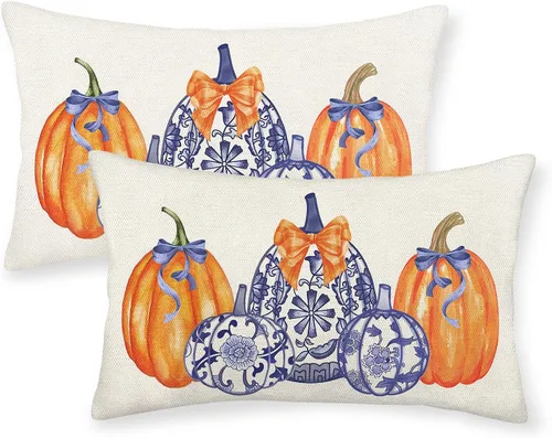 Miniatura 25 de Juego de 2 fundas de almohada de otoño de 16 x 16 pulgadas, diseño de calabaza azul y naranja, decoración de Acción de Gracias, decoración de otoño