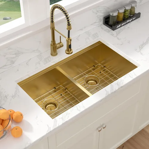 Miniatura 9 de Sarlai Fregadero de Cocina Dorado Bajo Encimera de 33 Pulgadas Doble Tazón 33 x 19 Pulgadas Bajo Dividido Dorado Estación de Trabajo Fregadero Doble