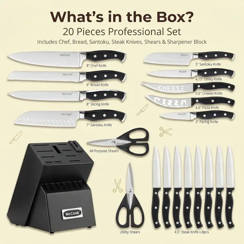 Miniatura 2 de McCook® Juego de cuchillos negros, juego de cuchillos de cocina forjados de acero inoxidable alemán con afilador de cuchillos integrado Negro/Negro