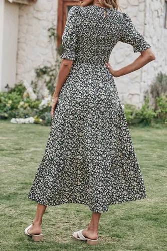 Miniatura 31 de BTFBM Vestidos para mujer, cuello redondo, casual, de verano, con volantes, manga corta, bohemio, con niveles, fruncido, largo, con estampado floral