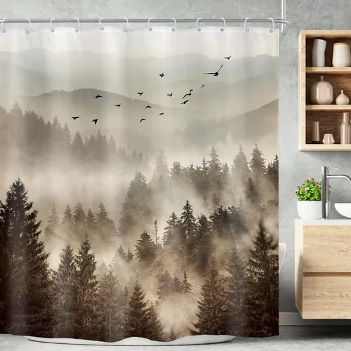 Miniatura 16 de Riyidecor - Cortina de ducha para baño pequeño de montaña, 36 pulgadas de ancho x 72 pulgadas de alto, verde, para RV, temática rústica, naturaleza