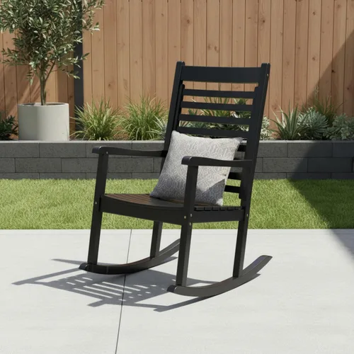 Miniatura 6 de Silla mecedora de madera moderna de Shine Company, balancín de porche ergonómico de asiento ancho, color negro